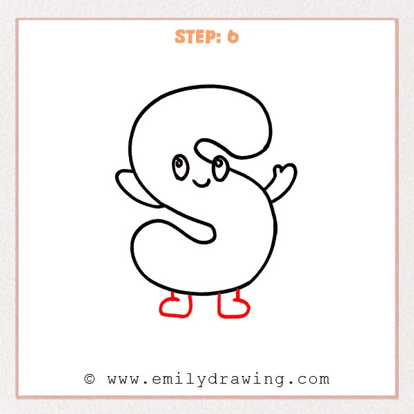 how to draw a bubble letter s - A finished bubble letter S character with a cute face, two arms, a heart-shaped mitten hand, and two small legs with rounded shoes, all outlined cleanly in black.